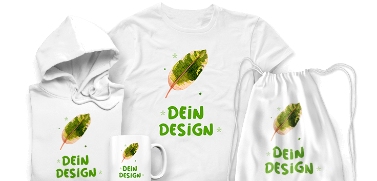 Bedruckte Merch-Produkte: Hoodie, T-Shirt, Sportbeutel und Tasse